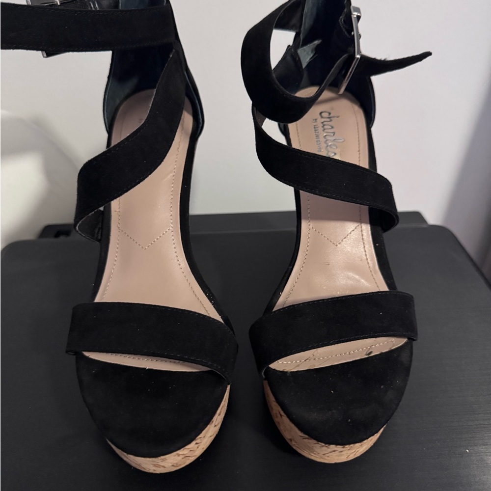 Charles David Black and Tan Wedge Sandals